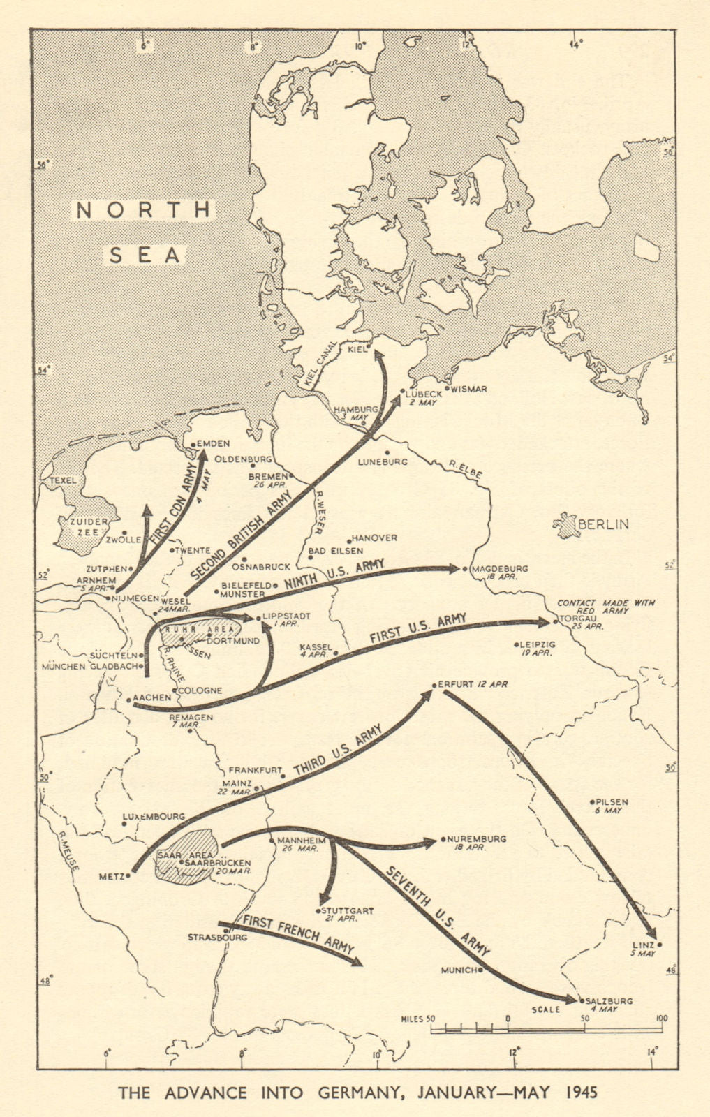 Advance into Germany, January - May 1945. World War 2 1954 old vintage map